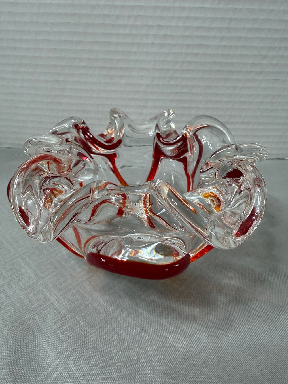 Handblown Art Glass Decorative Bowl Ashtray Candleholder Clear Red Orange Accent